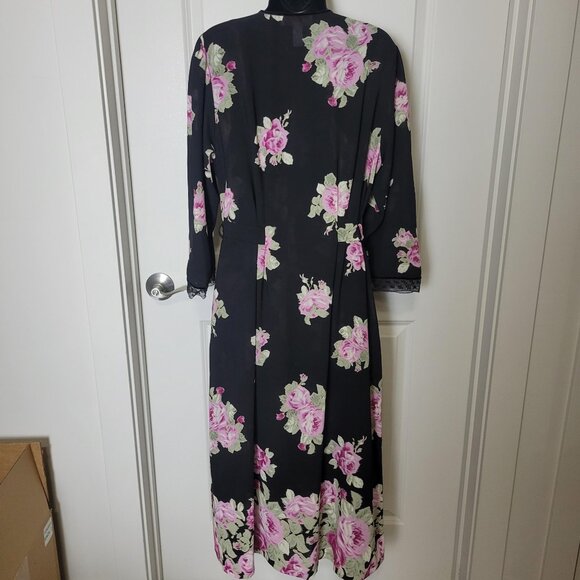 VTG Oscar de la Renta Pink Label M/L Black Pink Roses Floral Robe Nightgown Set - Picture 11 of 13